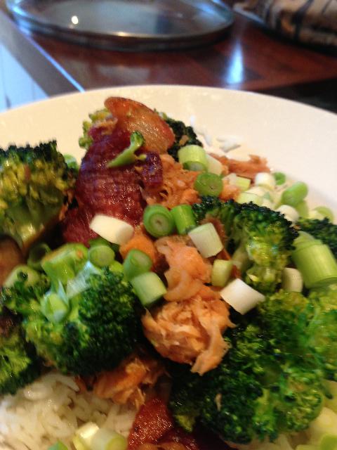 Smoked Trout, Bacon and Broccoli Rice Bowl